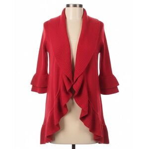 100% Cotton Red Ruffle Cardigan Sweater L Open Front Maximalist Office Siren